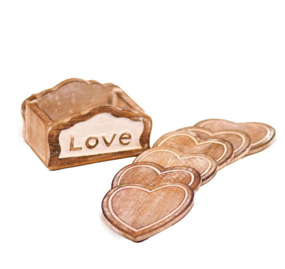 Kezevel Wooden Coasters Mango Wood- Artistically Handcrafted Heart Design - Set of 6 with Holder for Serving - Coaster Plate