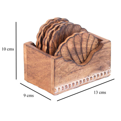 Kezevel Wooden Coasters Mango Wood - Handcrafted Seashell Design - Set of 6 with Holder for Serving - Coaster Plate