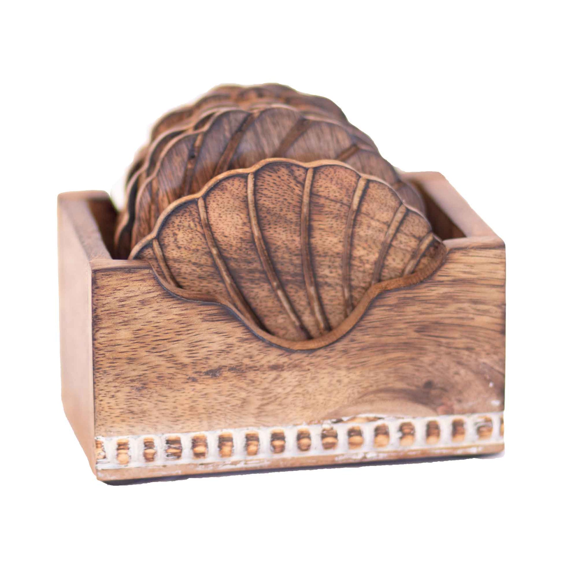 Kezevel Wooden Coasters Mango Wood - Handcrafted Seashell Design - Set of 6 with Holder for Serving - Coaster Plate