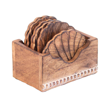 Kezevel Wooden Coasters Mango Wood - Handcrafted Seashell Design - Set of 6 with Holder for Serving - Coaster Plate