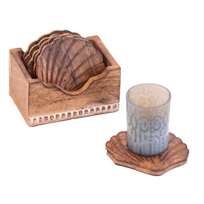 Kezevel Wooden Coasters Mango Wood - Handcrafted Seashell Design - Set of 6 with Holder for Serving - Coaster Plate