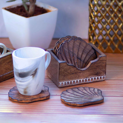 Kezevel Wooden Coasters Mango Wood - Handcrafted Seashell Design - Set of 6 with Holder for Serving - Coaster Plate