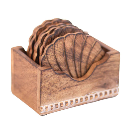 Kezevel Wooden Coasters Mango Wood - Handcrafted Seashell Design - Set of 6 with Holder for Serving - Coaster Plate