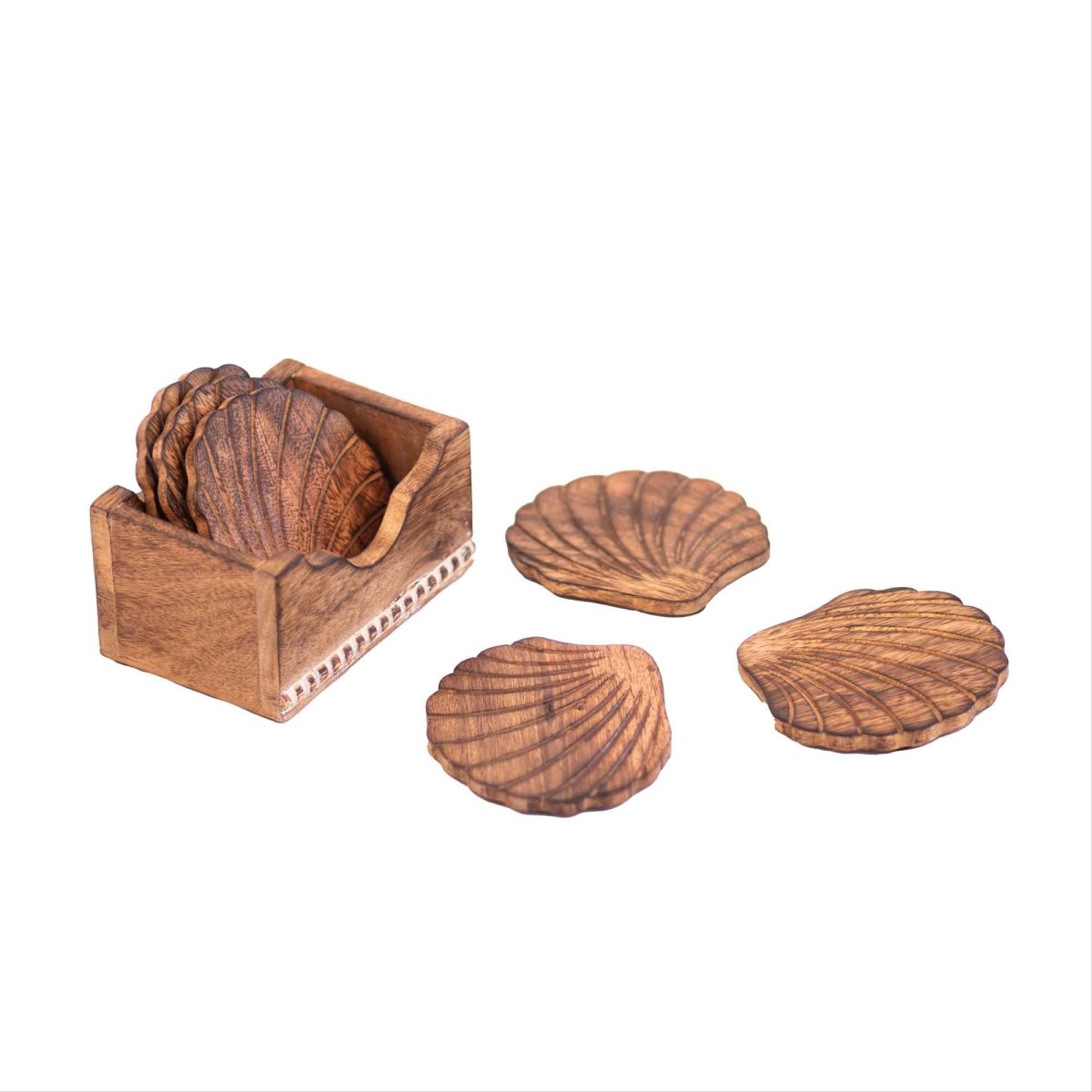 Kezevel Wooden Coasters Mango Wood - Handcrafted Seashell Design - Set of 6 with Holder for Serving - Coaster Plate