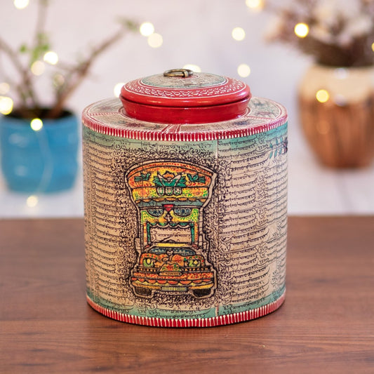 Kezevel Wooden Decorative Storage Box - Cylindrical Antique Multicolor Handcrafted Trinket Box, Treasure Box, Table Decor