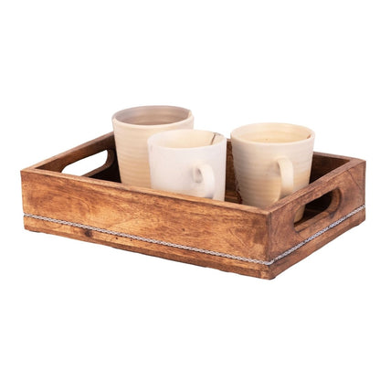 Kezevel Wooden Serving Tray - Artistic Handcrafted Mango Wood Tray with Metal Lining Curved Handle for Dinning Table, Kitchen