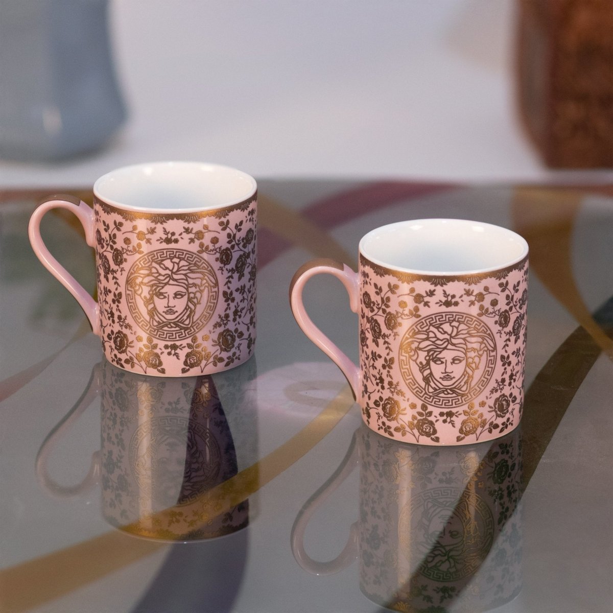 Premium Bone China Pink and Gold Design - 6 Pc Mug Set Serves as Tea Cups, Coffee Cups, Tea Mugs, Coffee Mugs - Kezevel